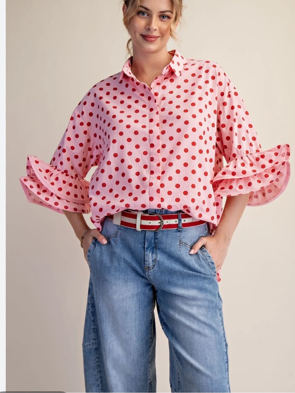 New Pink and Red Polka Dot Collared blouse with flare ruffle sleeves